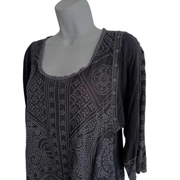 Johnny Was Dress S Black Tonal Sheer Embroidered Tunic Boho Peasant Lace Hem - Picture 5 of 11